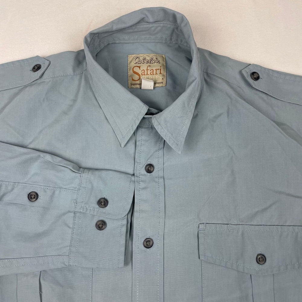 Cabelas Safari Series Mens Large Long Sleeve Button Down Utility Shirt Blue Gray